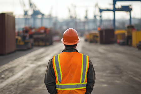 A construction worker in an orange vest and hard hat stands with his back to the camera, watching the activity in a bustling shipping yard filled with containers and machinery.の素材