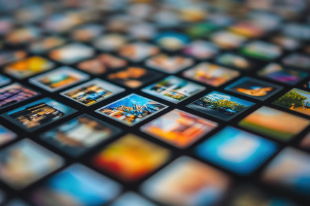 A vibrant array of small images features various locations, activities, and memorable moments, each telling its own unique story against a dark backdrop. The busy composition invites exploration.の素材