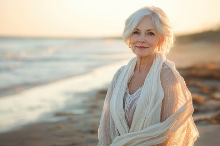 A joyful elderly woman stands on a serene beach during sunset, wearing light clothing and a scarf. The soft waves gracefully lap at the shore as the sun sets.の素材