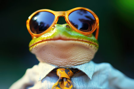 A frog wearing a collared shirt and tie stands proudly under the sunlight. Its oversized sunglasses add a whimsical touch, showcasing its unique personality in nature.の素材