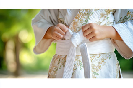 A person dressed in a traditional martial arts uniform is tying their belt. The serene outdoor background, filled with greenery, enhances the focus on the technique being practiced.の素材