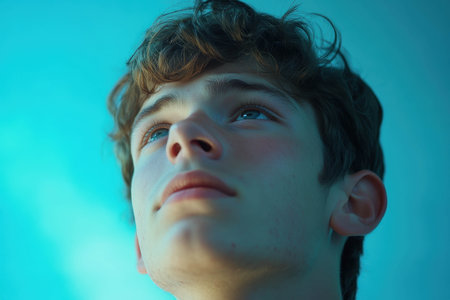 A young individual looks thoughtfully upwards against a soft blue background, capturing a moment of reflection and tranquility in natural light.の素材