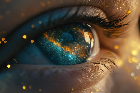 A close-up view reveals a mesmerizing galaxy reflected in a human iris. The vibrant colors and sparkling stars create an enchanting cosmic experience that captivates the observer.の素材