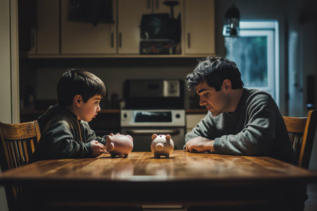 A young boy and an adult man sit at a wooden table, facing each other while examining piggy banks. It is nighttime, with warm indoor lighting creating a cozy atmosphere.の素材