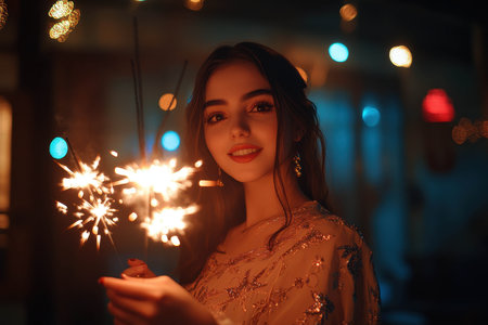 A young woman smiles brightly while holding sparklers during a nighttime celebration. Colorful lights create a warm, festive atmosphere around her, enhancing the joyful mood.の素材