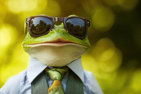 A frog dressed in a button-up shirt and tie stands confidently in a sunny outdoor setting. The sunglasses reflect the greenery around, adding a playful touch to the scene.の素材