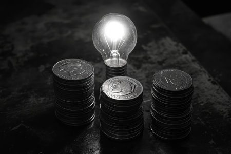 Stacks of coins are arranged neatly on a surface, with a glowing light bulb placed in the center. The contrasting brightness evokes themes of finance, creativity, and inspiration during late hours.の素材
