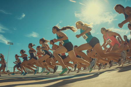 A group of female runners accelerates off the starting line at a track event, showcasing determination and athleticism. The sun shines brightly, illuminating the intense competition.の素材