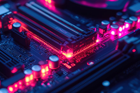 A close-up captures a computer motherboard illuminated by bright pink and blue lights. The intricate circuit patterns highlight the complexity of modern technology during a tech showcase.の素材