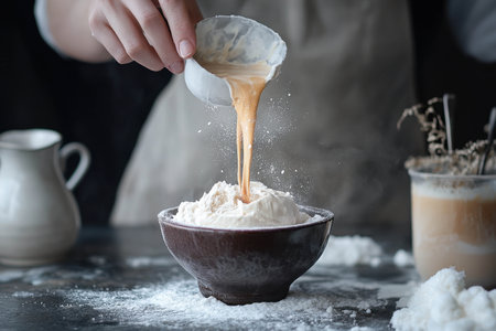 Hands gently pour a golden liquid into a bowl filled with white flour on a dark countertop. The kitchen ambience is warm and rustic, highlighting the baking process.の素材