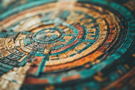 A detailed spiral sculpture featuring intricate patterns and vibrant colors draws attention at a museum exhibit, capturing the essence of ancient tribal artistry through its unique craftsmanship.の素材