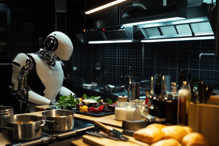 A robot chef skillfully arranges fresh ingredients on a cutting board in a dark, modern kitchen. Bright lights illuminate the space as it preps for cooking.の素材
