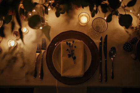 A beautifully arranged dinner table features a white napkin with a sprig on a decorative plate. Flickering candles create a warm ambiance for a festive evening.の素材