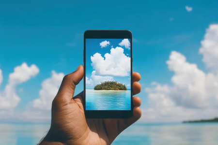 A person enjoys a breathtaking view of a tropical island on their smartphone, juxtaposed against a stunning blue sky with fluffy white clouds. The tranquil scene conveys a sense of paradise.の素材
