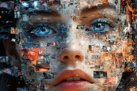 A woman with striking blue eyes gazes intently, her face interwoven with a rich collage of images that convey diverse emotions and experiences, creating a thought-provoking visual narrative.の素材