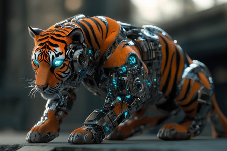 A robotic tiger featuring vibrant orange and black stripes is stealthily prowling through a high-tech urban setting. Its glowing blue eyes pierce the dusk as it navigates the metallic landscape.の素材