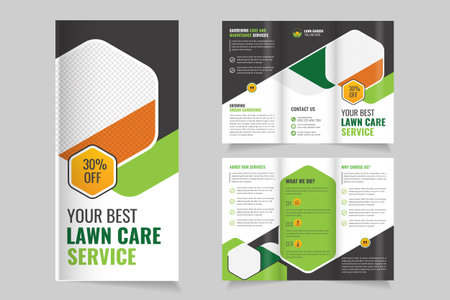 Lawn Care Trifold Brochure Template, Gardening or Landscaper Tri Fold Brochure Design, Lawn Mower Garden or Landscaping Agricultural service Designのイラスト素材