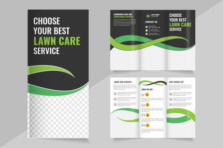 Lawn Care Trifold Brochure Template, Gardening or Landscaper Tri Fold Brochure Design, Lawn Mower Garden or Landscaping Agricultural service Designのイラスト素材