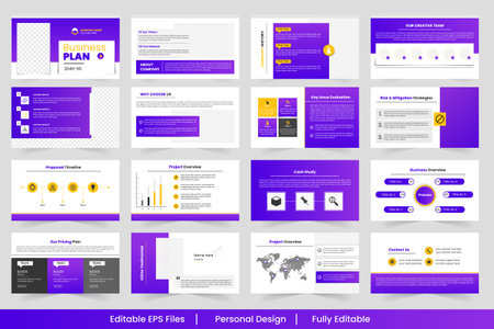 Comprehensive business plan presentation featuring key elements and visual data representations, presentation templates elements on a white backgroundのイラスト素材