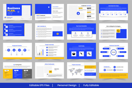Presentation template design, Business plan presentation slides featuring charts, timelines, and project details in blue and yellow colorsのイラスト素材