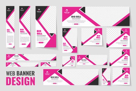Set of creative web banners of standard size, web banners of different sizes with diagonal red elements and a place for photosのイラスト素材