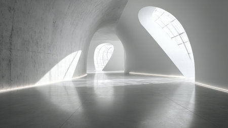 Curved walls and large windows create an open and airy atmosphere. Soft natural light floods the minimalistic interior, enhancing the modern design aesthetic. The unique structure invites exploration.の素材