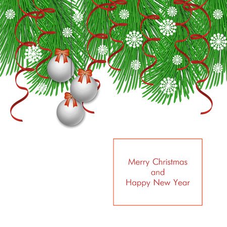 branches of the Christmas tree, balloons, streamers, snowflakes on a white background. Christmas vector backgroundのイラスト素材