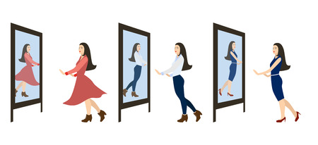 Beautiful style woman. Set Vector illustration. Copy space. Girl looks in the mirror.のイラスト素材