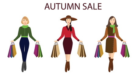 Girls with shopping bags, autumn sale for your designのイラスト素材