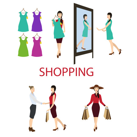 girl buys a dress in the store. Set of vector illustrations of shopping, sale.のイラスト素材