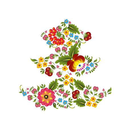 Vector illustration Christmas tree shape made up a lot of multicolored flowers on the white backgroundのイラスト素材
