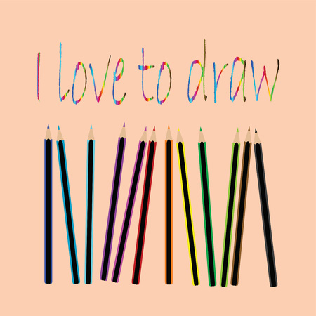 12 colored pencils with the inscription "I love to draw"のイラスト素材