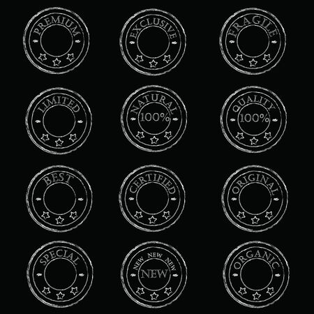 a set of twelve vintage white stamps characterize the product on a black backgroundのイラスト素材