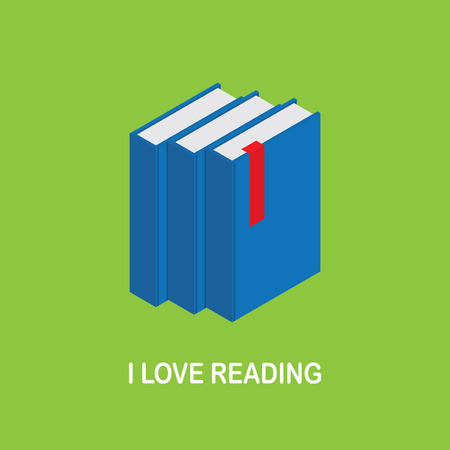 I love reading. Image of three blue books with a red bookmark on a green background. Isometric books. Conceptual illustration.のイラスト素材
