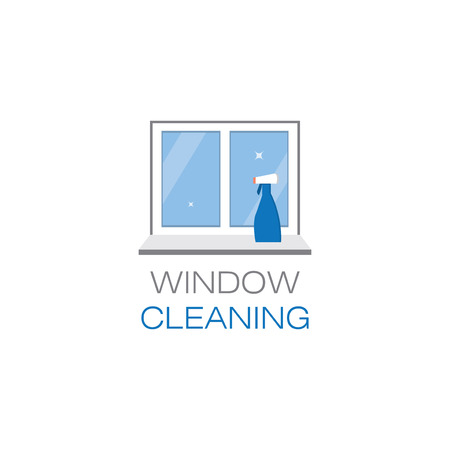 Net sparkling window and spray window cleaner on a window sill. Window cleaning. The emblem or logo of the cleaning company. Glittering window in the flat style. Vector illustration.のイラスト素材