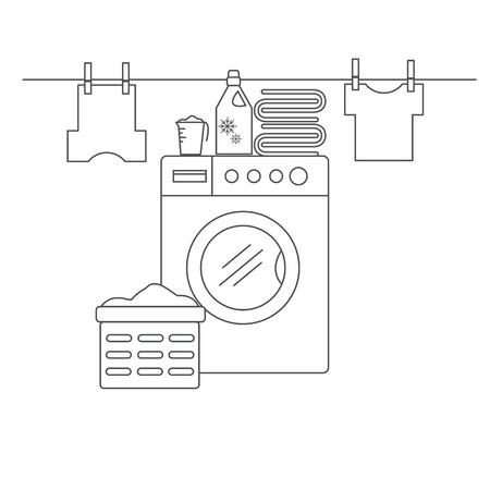 Laundry room for washing and drying items. Laundry room with washing machine, linens and laundry facilities. Laundry room in the style of the line. Vector illustration.のイラスト素材