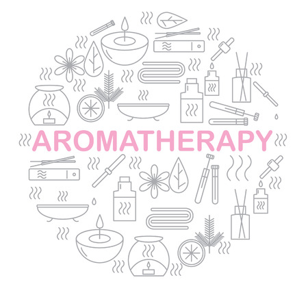 Aromatherapy. Round banner with icons aromatherapy. Icons for relaxation and spa. Vector illustration.のイラスト素材