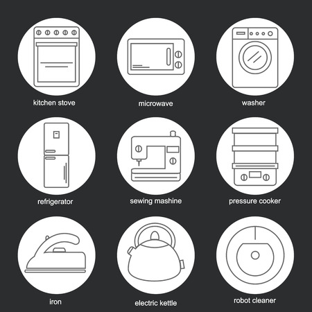Set of icons of home appliances. Icons appliances for kitchen, cleaning and sewing. Vector illustration.のイラスト素材