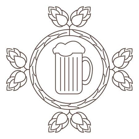 Logo or stamp Oktoberfest with the image of hops, malt and beer mugs. Vector illustration.のイラスト素材