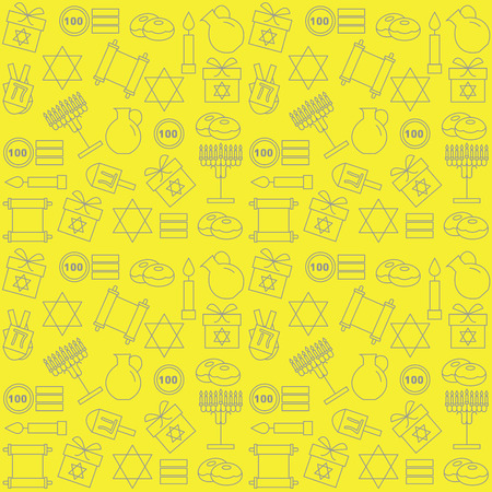 Pattern with symbols of Hanukkah on a yellow background. Celebratory background. Vector illustration.のイラスト素材