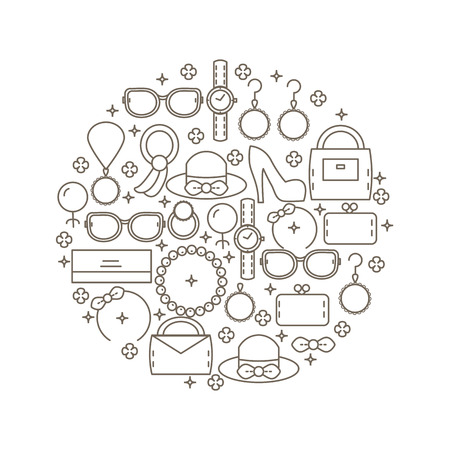 Set of women's fashion accessories in the style of a line located inside the circle. Vector illustration.のイラスト素材