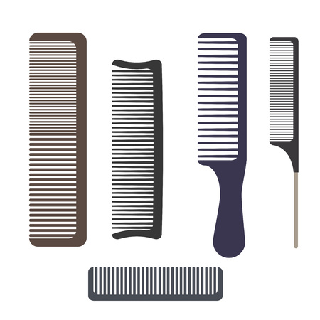 A set of different professional combs. Hairbrushes for hair isolated on white background. Vector illustration.のイラスト素材