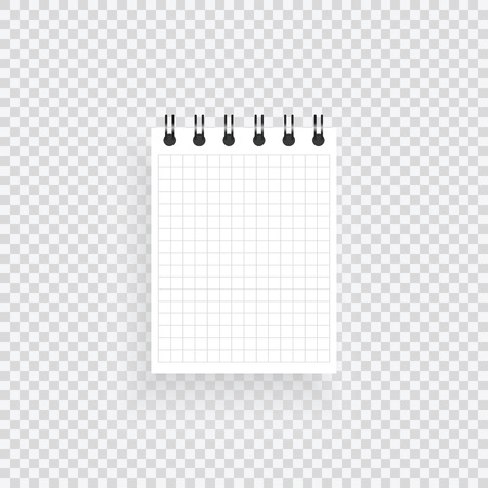 Notepad in a cell on a spiral on a transparent background. A realistic notebook for notes and sketches. Vector illustration.のイラスト素材