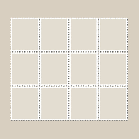 Unbroken vintage sheet of twelve postage stamps. Set of stamps on a light background with a shadow. Vector illustration.のイラスト素材