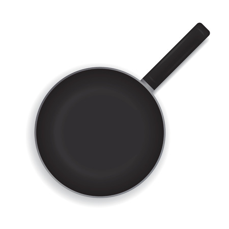 Realistic frying pan on a white background. Black frying pan with a handle for cooking. View from above. Vector illustration.のイラスト素材