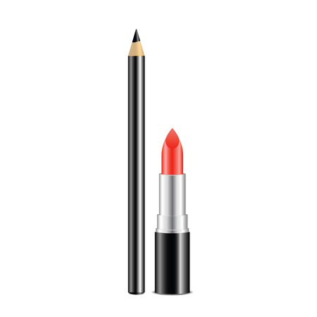 Red lipstick and black pencil isolated on white background. Decorative cosmetics for make-up. Vector illustration.のイラスト素材