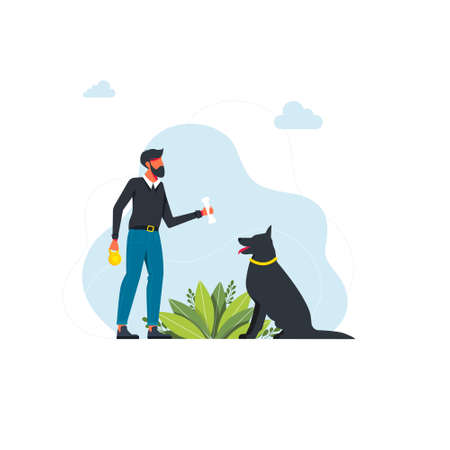 Set Pet owners template. Happy people playing with their domestic animals scenes set. Young people Spend Time at Home. Characters Walking Dogs, Relaxing with Cats. Vector illustrationのイラスト素材