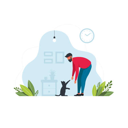 Set Pet owners template. Happy people playing with their domestic animals scenes set. Young people Spend Time at Home. Characters Walking Dogs, Relaxing with Cats. Vector illustrationのイラスト素材
