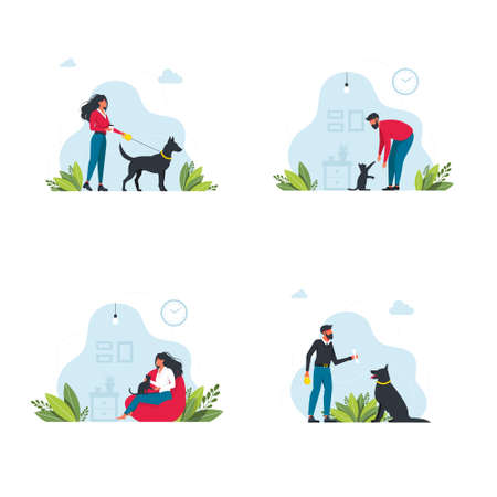 Set Pet owners template. Happy people playing with their domestic animals scenes set. Young people Spend Time at Home. Characters Walking Dogs, Relaxing with Cats. Vector illustrationのイラスト素材