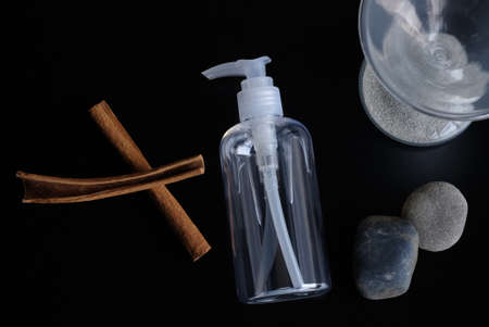 Clear packaging, white pump head, beautiful composition for being part of the product label design.